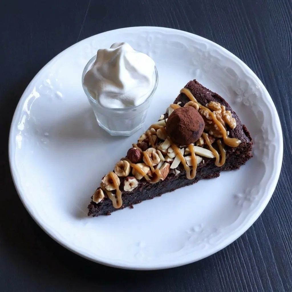 En bit kladdkaka med nötter, dulce de leche och tryffel, med mjukglass bredvid