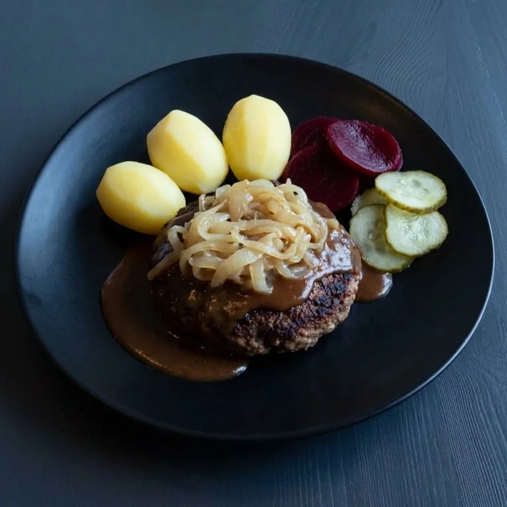 Dansk hakkebøf med bløde løg, brunsås, potatis och rödbetor