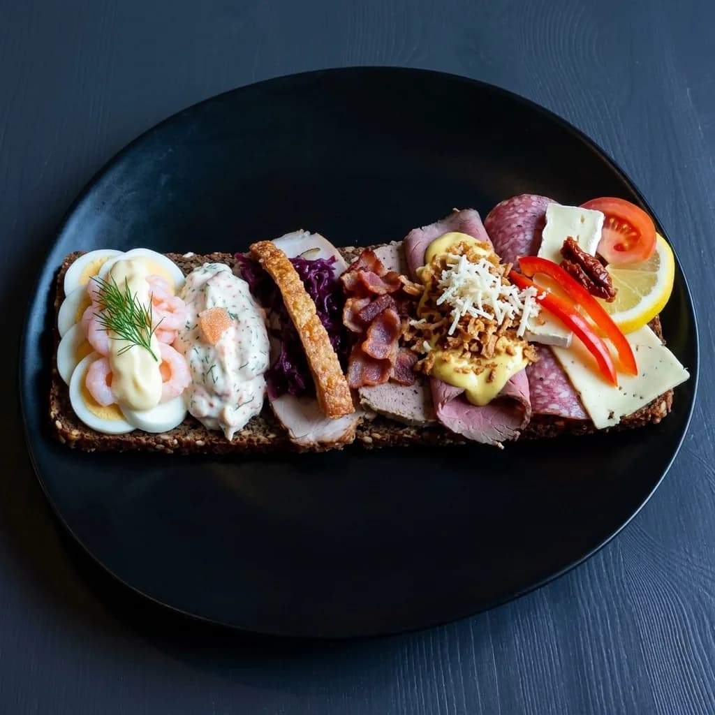 Tinas smørrebrødslandgång med pålägg i rad på danskt rågbröd