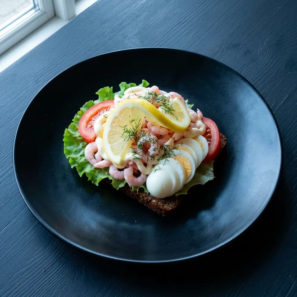 Dansk räkmacka på rågbröd med ägg, dill och citron