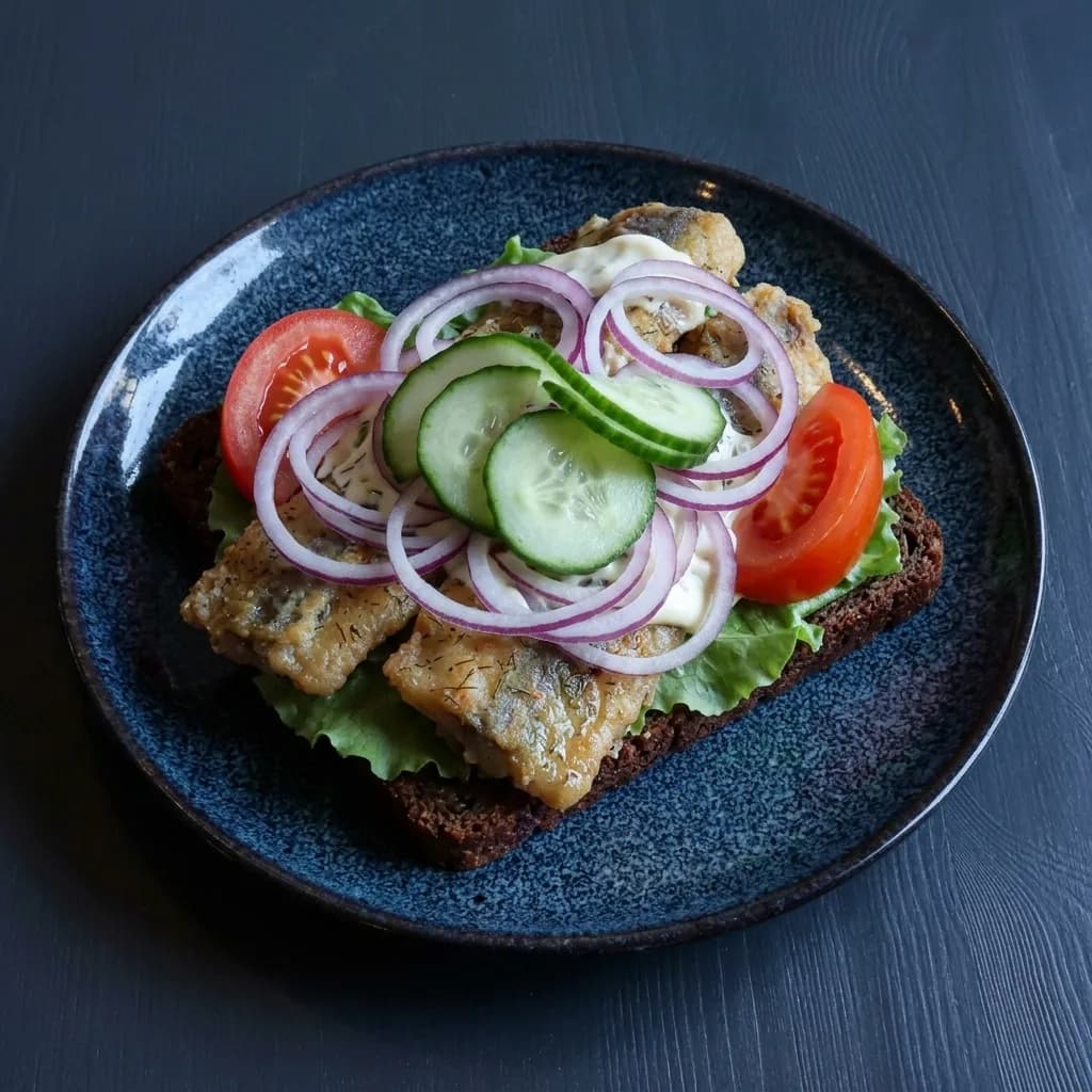 Stor sillmacka med stekt inlagd sill, rödlök och gurka