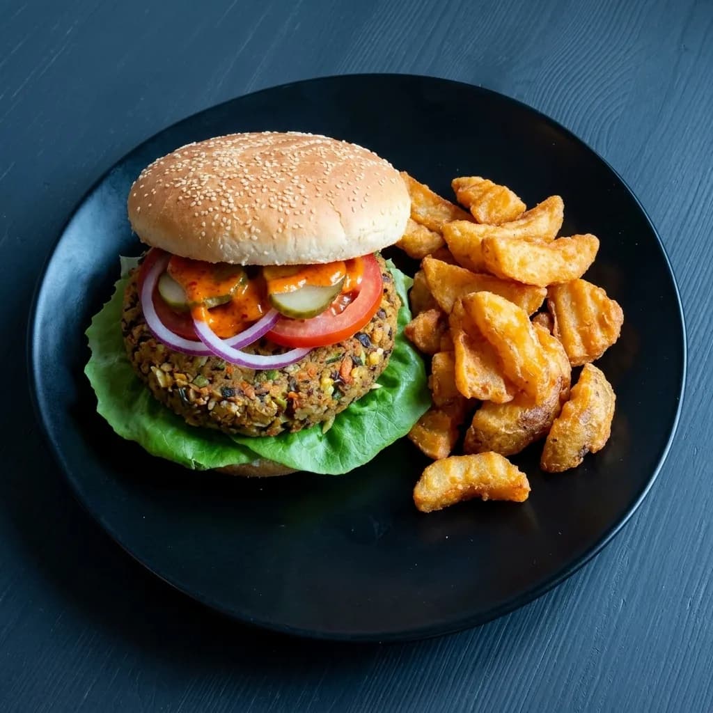 Vegetarisk hamburgare med grönsaksbiff och crispers